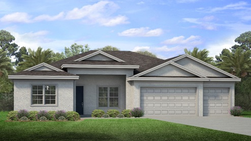 Outside of the Sage A model. Grey home with Three car garage, two windows, and front door. Grey paver driveway.