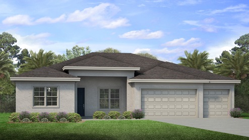 Outside of the Sage B model. Grey home with three car garage, two windows, and door up front. Grey paver driveway.