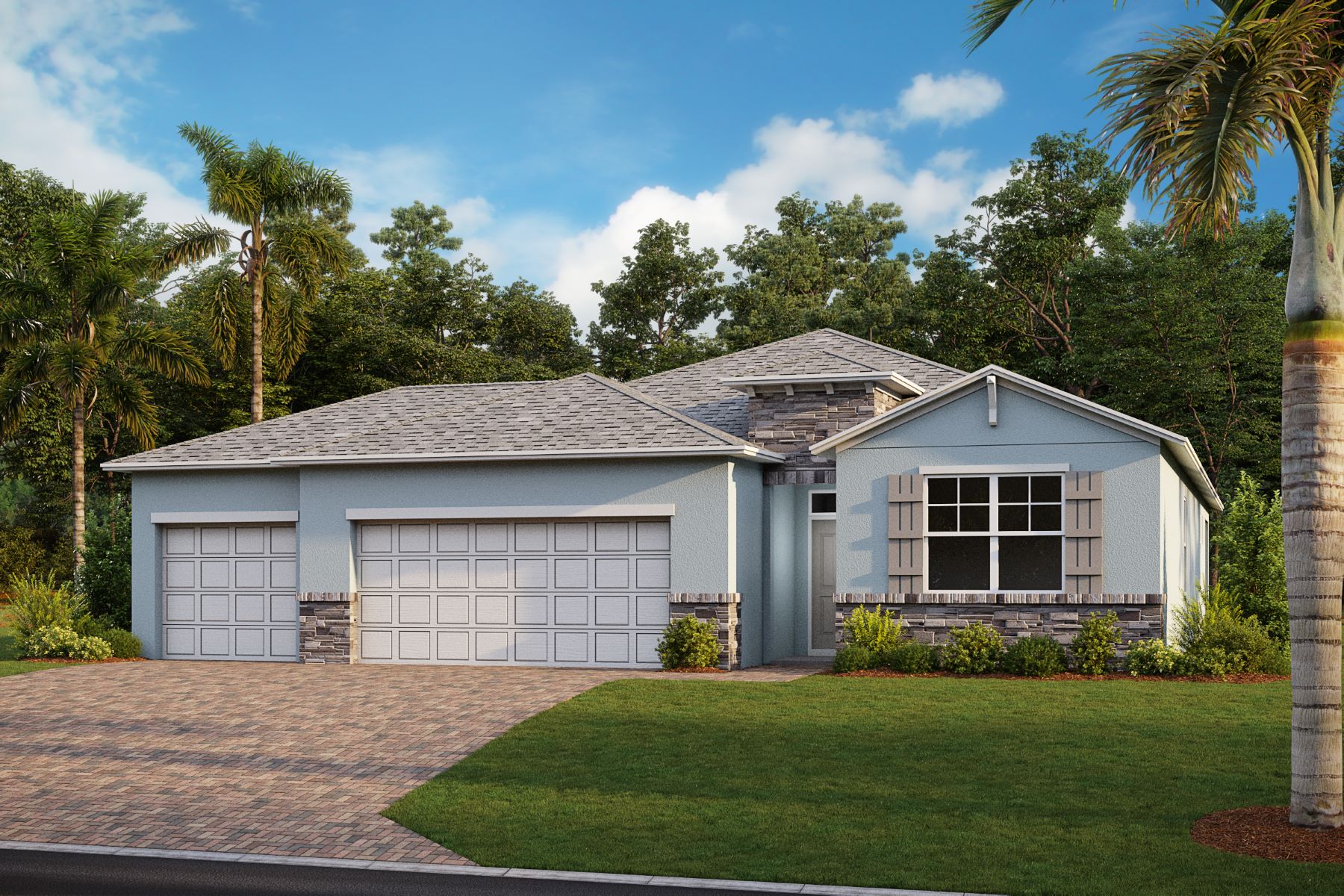Outside of Delray B model. Blue home with two car garage, one window with shutters, and front door. Mixed paver driveway.