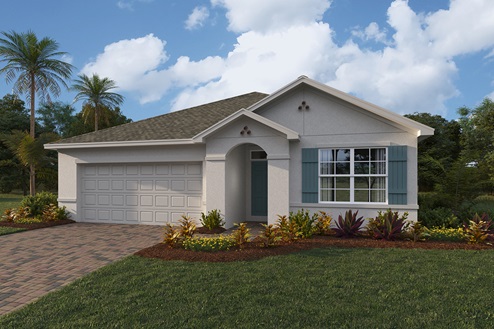 Outside of the Aria C model. Off-white home with one car garage, one large window with shutters, and front door. Mixed pavers driveway.