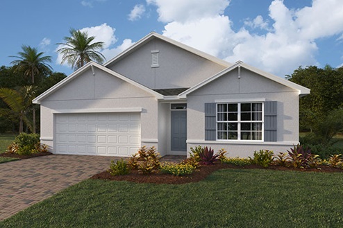 Outside of the Cali D model. Grey home with a one car garage, one window with shutters, and front door. Mixed pavers driveway.