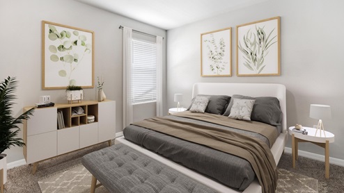 Inside of the Aria bedroom three. Creme carpet with grey walls. Room contains bed with two small nightstands on either side, storage cabinet, and bench. Room also has window.