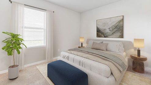 Inside of the Madison bedroom four. Creme carpet with off-white walls. Room contains one bed with two small nightstands on either side of the bed. Room contains window as well.