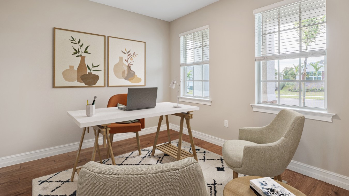 Inside the Coral study/den. There are two windows, and the floor is wood tile planks.