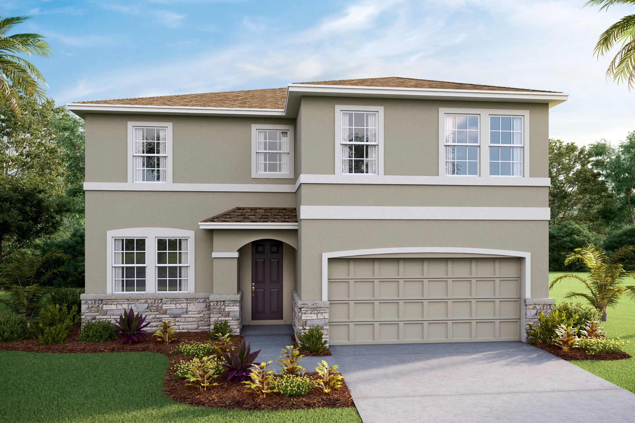 Outside of the Coral G elevation. A Brown two-story home with a two car garage and paved driveway.