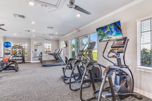 Inside of the Stonewater amenity center's fitness center. Room contains various workout equipment such as ellipticals, treadmills, weights, and bike machines. Room also has fans, mirrors, and TVs mounted onto the walls and celling. Room contains various windows.