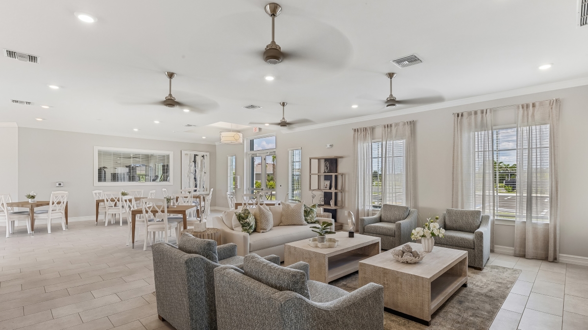Inside of the seating area in the clubhouse.