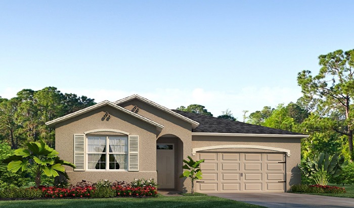 Outside of the Clifton model A. Brown home with two car garage, one window with shutters, and front door. Mixed paver driveway.