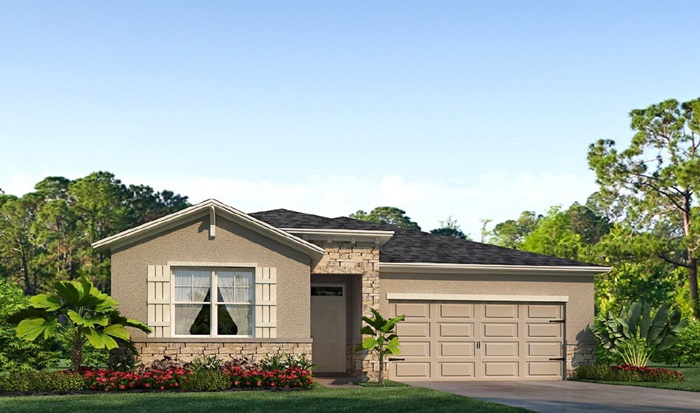 Outside of the Clifton model B. Brown home with two car garage, one window with shutters, and front door. Mixed paver driveway.