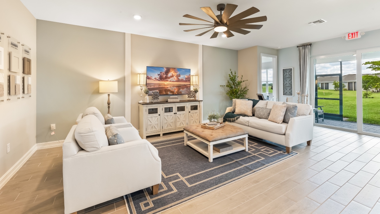 Inside of the Delray model living room. Next to the primary bedroom.