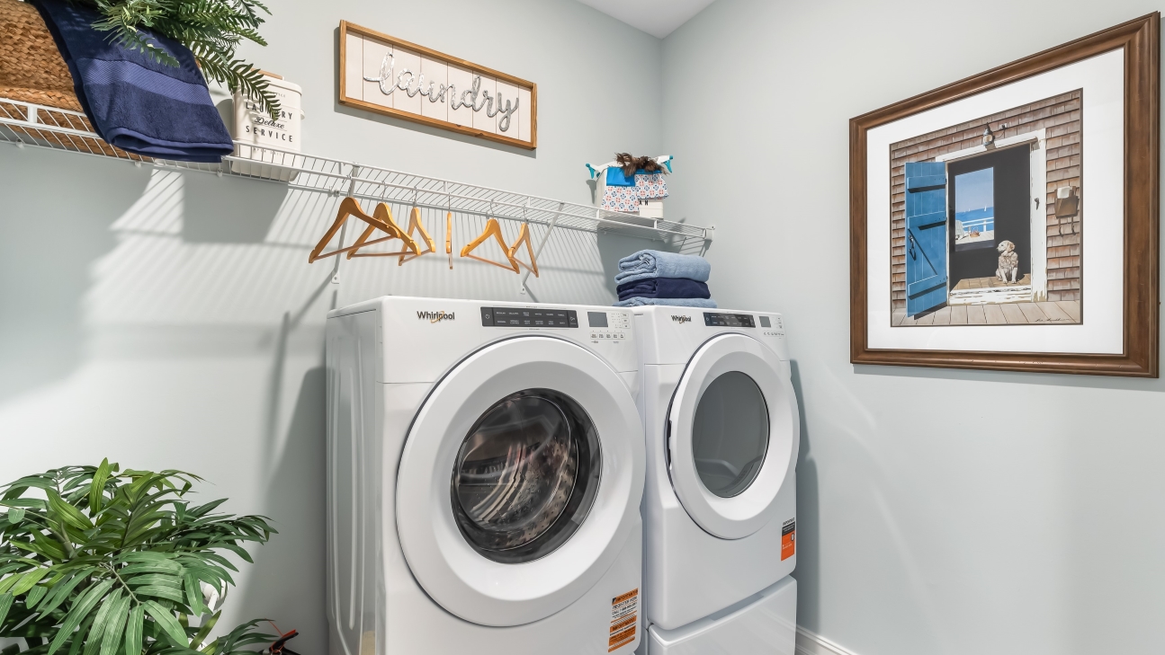 Inside of the laundry room. Shelves for laundry products.