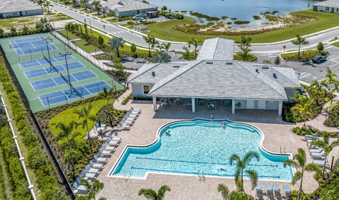 Aerial view of the clubhouse and pool