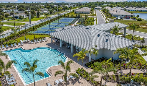 Aerial view of the clubhouse and pool