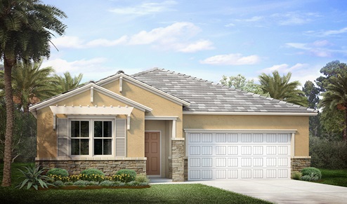 Outside of the Clifton model. Orange home with one car garage, window with shutters, and front door. Grey paver driveway.