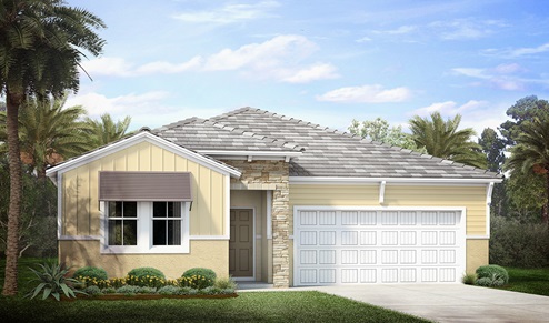 Outside of the Clifton model. Yellow home with one car garage, window, and front door. Grey paver driveway.