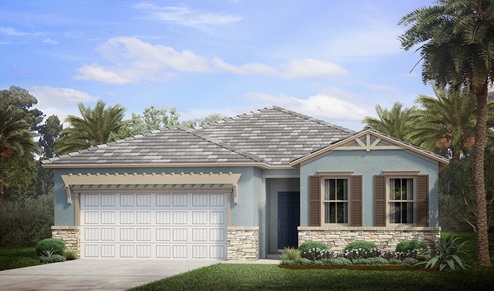 Outside of Delray B model. Blue home with two car garage, one window with shutters, and front door. Mixed paver driveway.