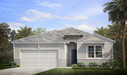 Outside of the Delray A model. White home with two car garage, window, and front door. Mixed paver driveway.