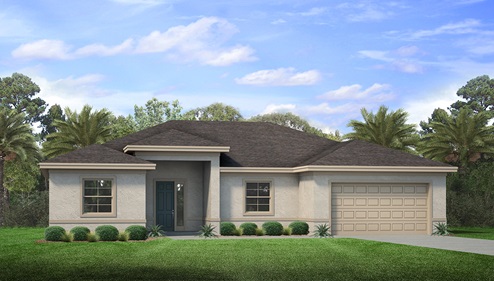 Outside of the Jaden A with gray exterior and light brown trim, shingle room, and two-car garage.