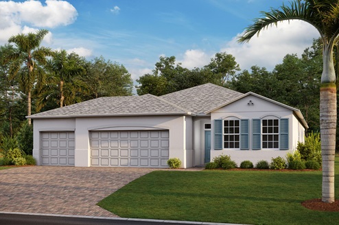 Outside of the Delray A model. White home with two car garage, two windows with shutters, and front door. Mixed paver driveway.