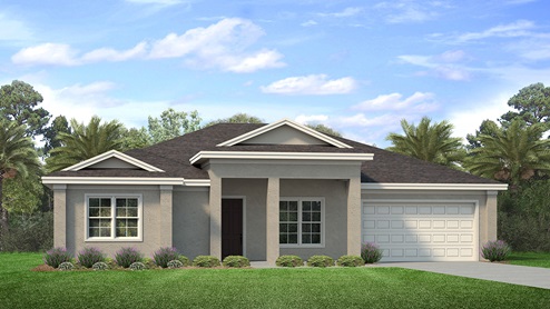 Outside of the Kellen A model. Beige home with a two car garage, two windows in the front, and front door. Grey paver driveway.