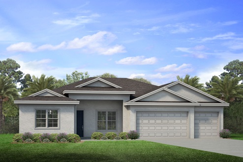 Outside of the Sage A model. Grey home with two car garage, two windows, and front door. Grey paver driveway.