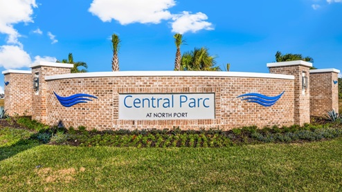 Central Parc Entrance Sign, brick with blue wave accents