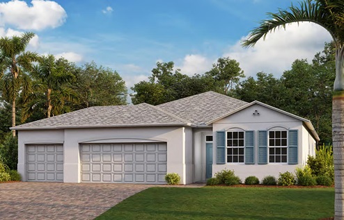 Outside of the Delray model A. White home with one car garage, two windows with shutters, and front door. Mixed paver driveway.