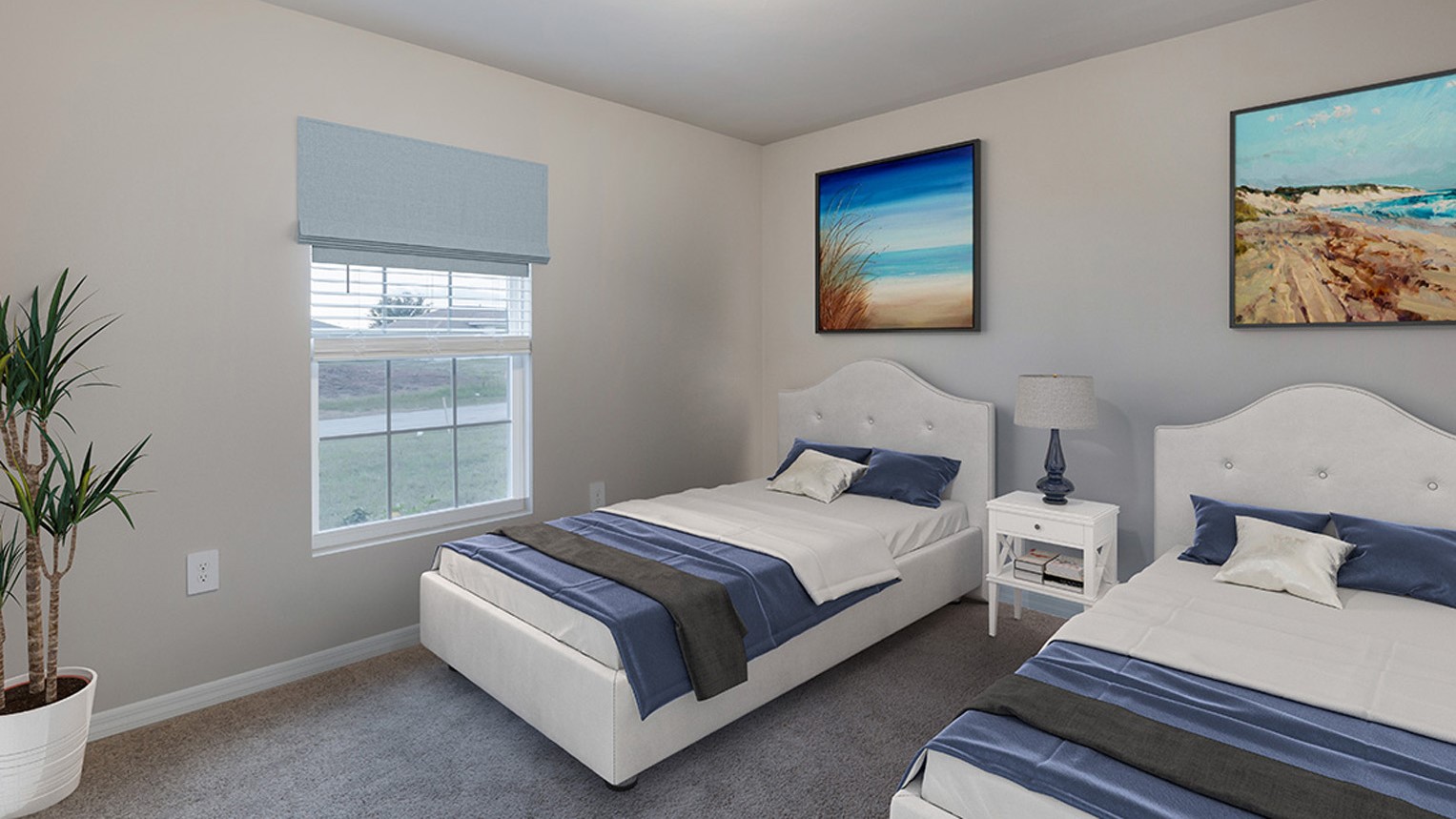 Inside the Freeport bedroom two. Off-white walls with creme carpet. Inside room is two twin beds with a small nightstand between them. Room also has a window.