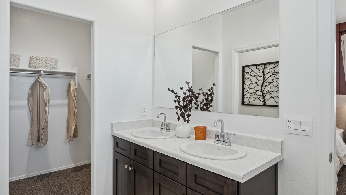 primary bathroom with dual vanities