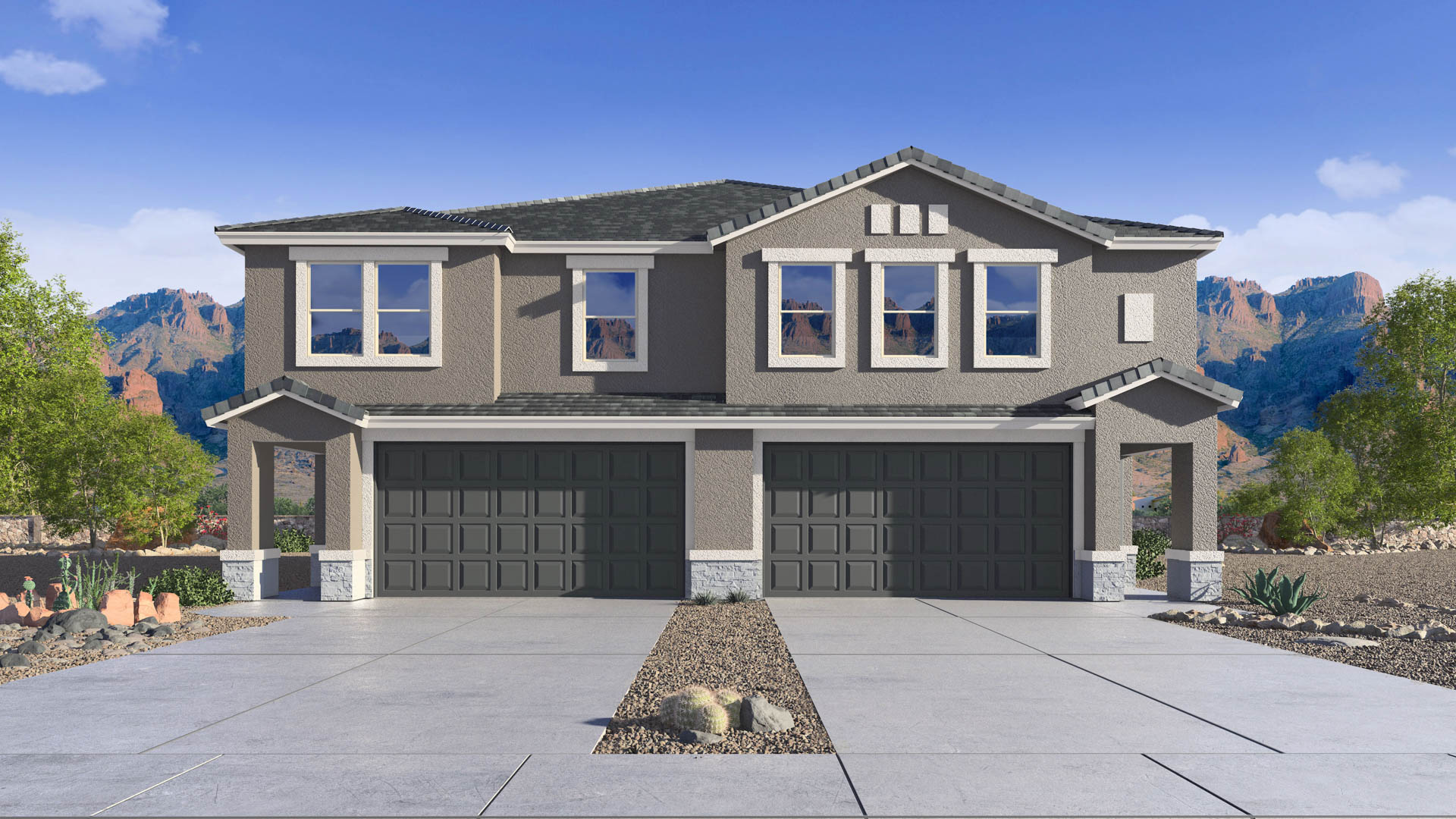 Newly built two-story townhome with modern architecture, a double garage, and landscaped front yard.