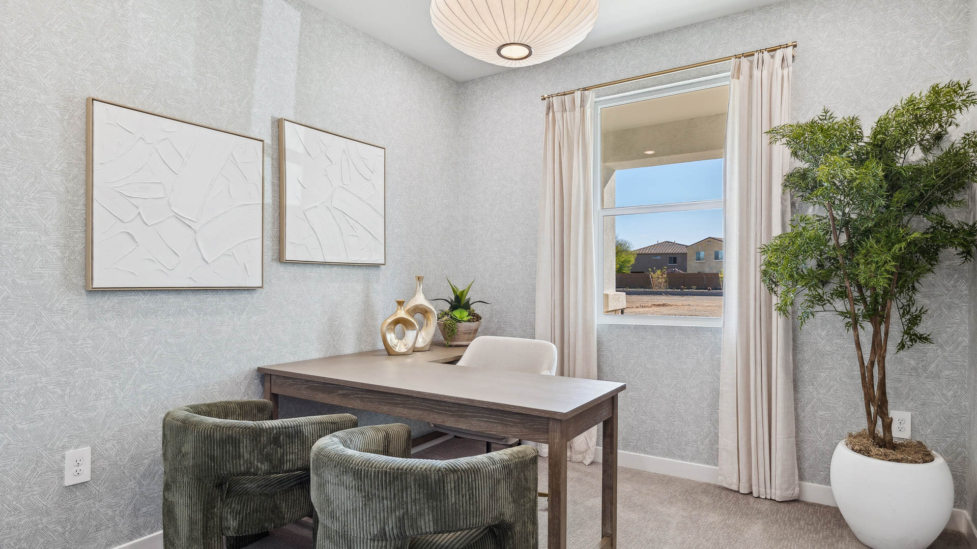 Formal dining room with large windows, vinyl wood floors, and view of the living room