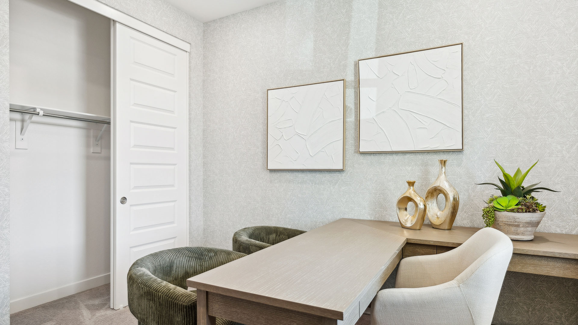 Formal dining room with large windows, vinyl wood floors, and view of the living room