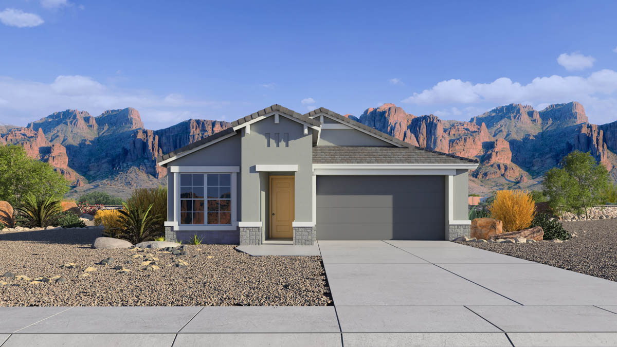 Newly built single-story home with modern architecture, a double garage, and landscaped front yard.