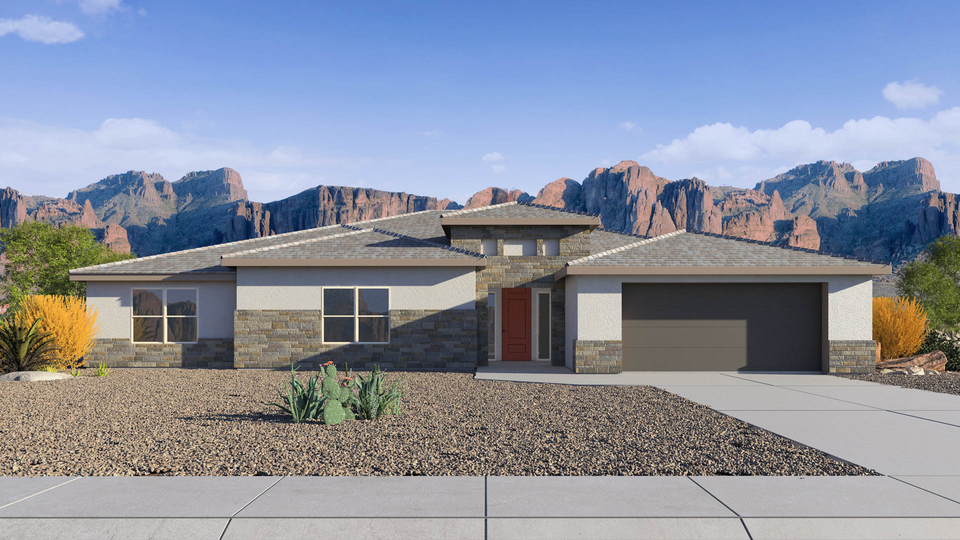 Newly built single-story home with modern architecture, a double garage, and landscaped front yard.