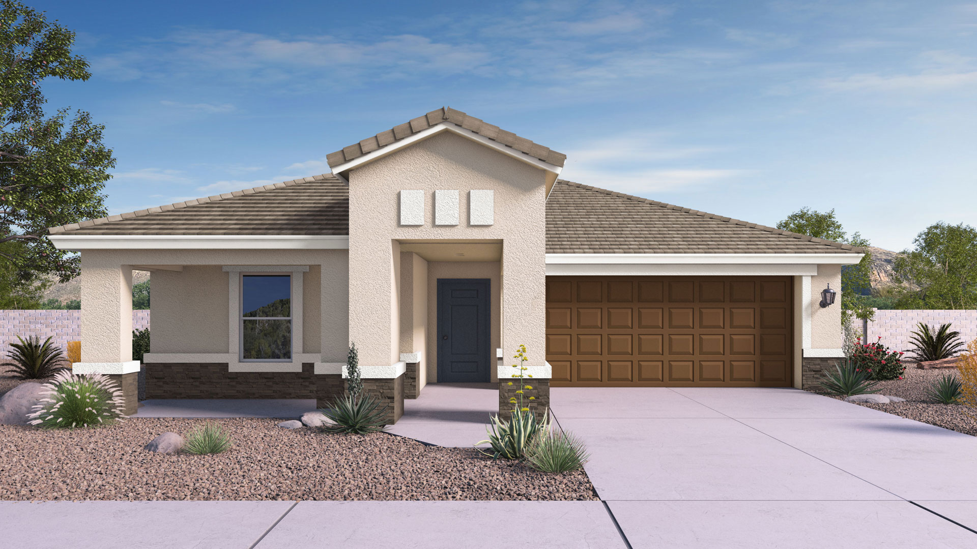 Newly built single-story home with modern architecture, a double garage, and landscaped front yard.