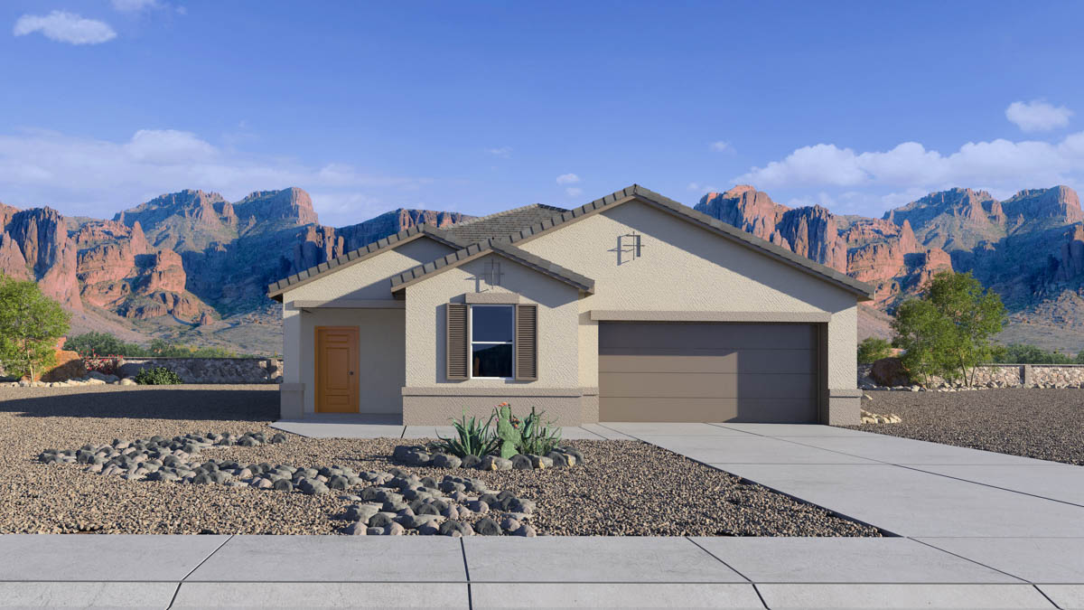 Newly built single-story home with modern architecture, a double garage, and landscaped front yard.