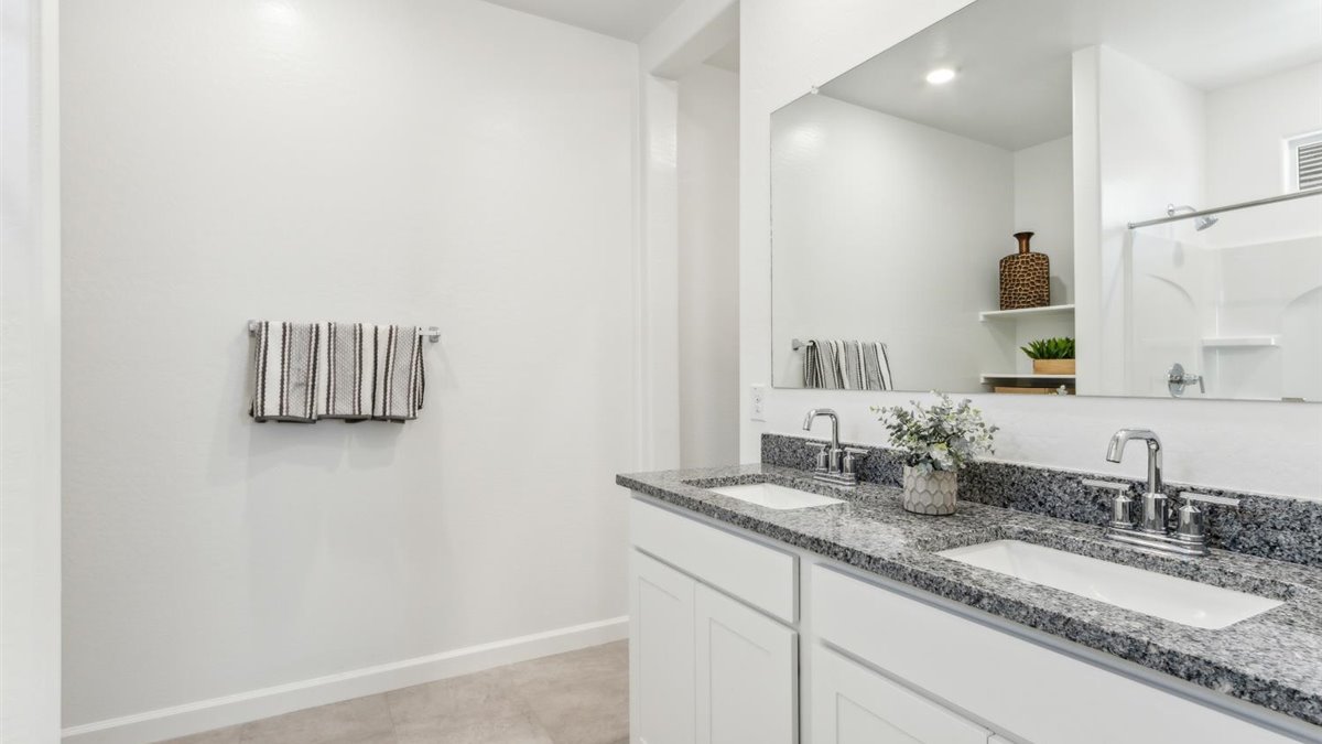 primary bathroom with dual vanities