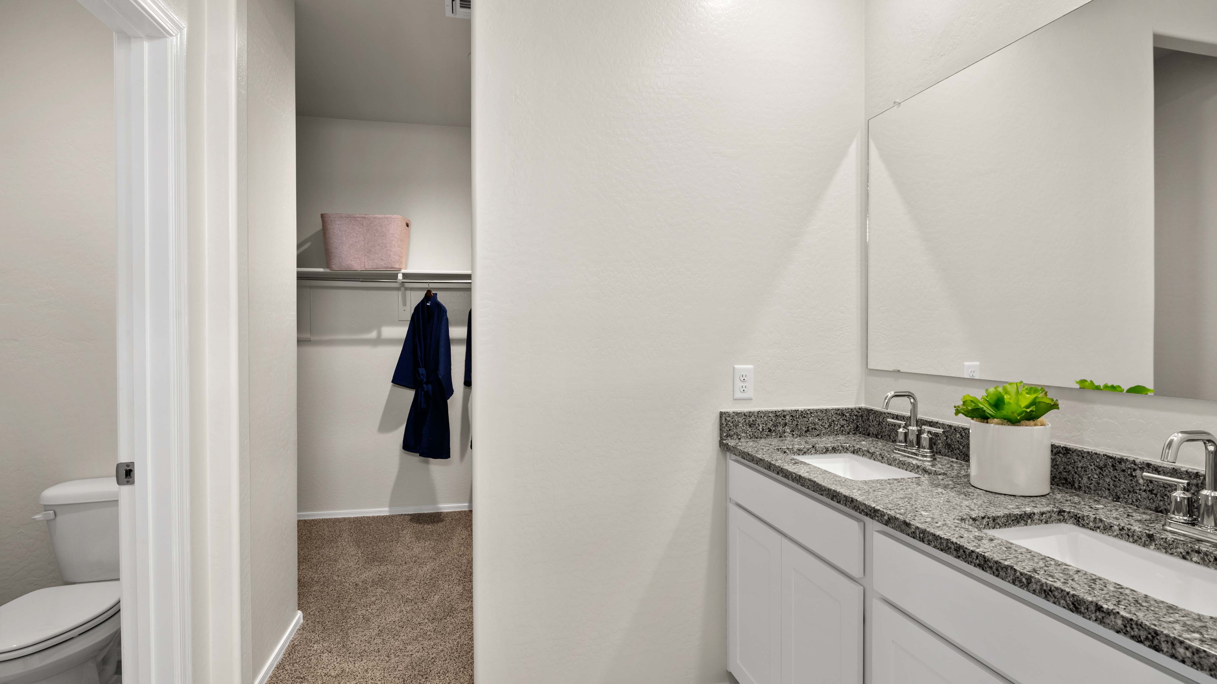 Modern primary bathroom with double vanity, granite countertops with a walk-in shower and a walk-in closet.
