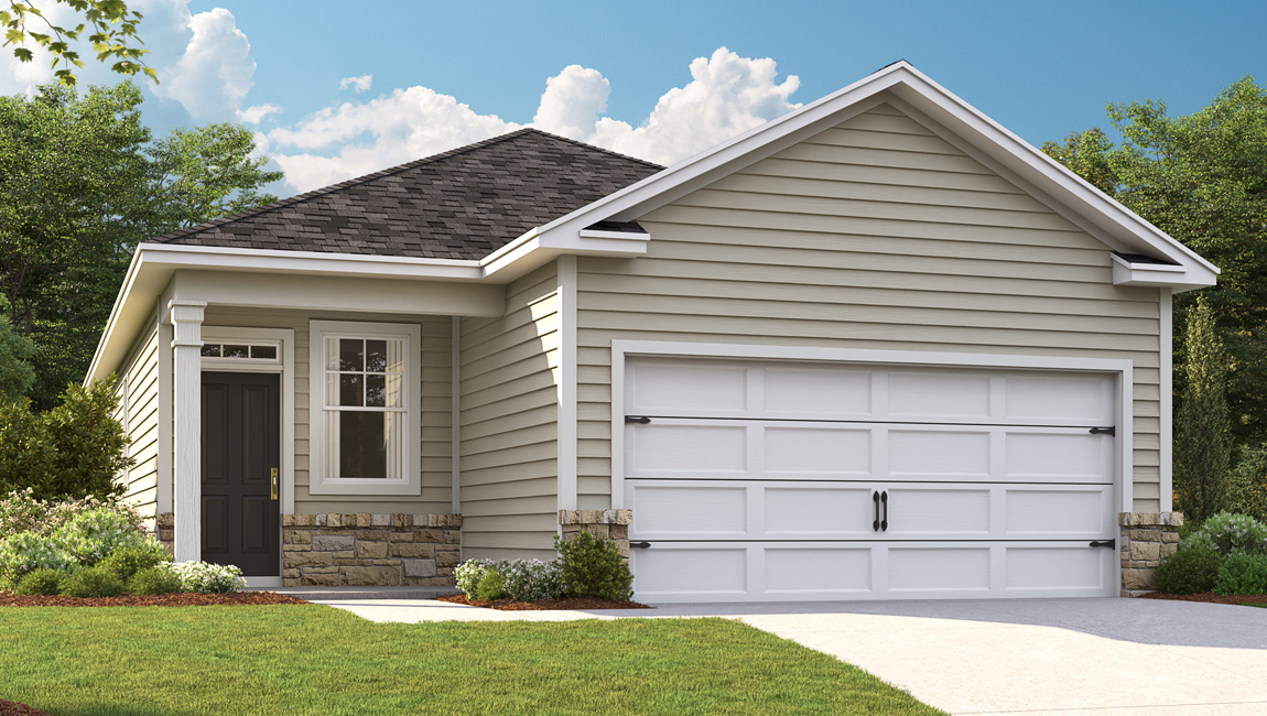 Single-story, modern floorplan and two-car garage.