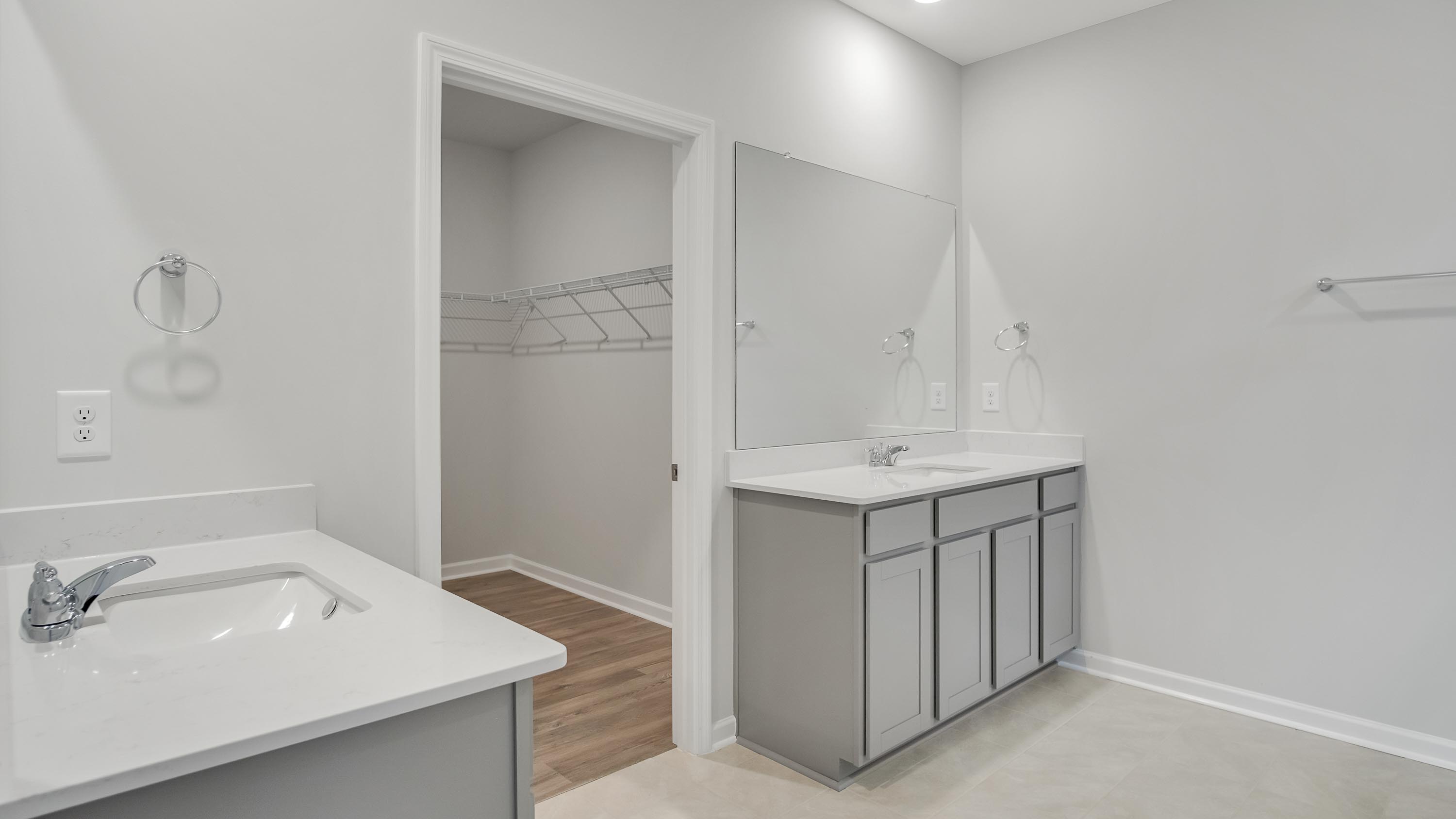 Our new home stylish ensuite design with a tub, step-in shower, cabinets, full-length vanity, and a walk-in closet