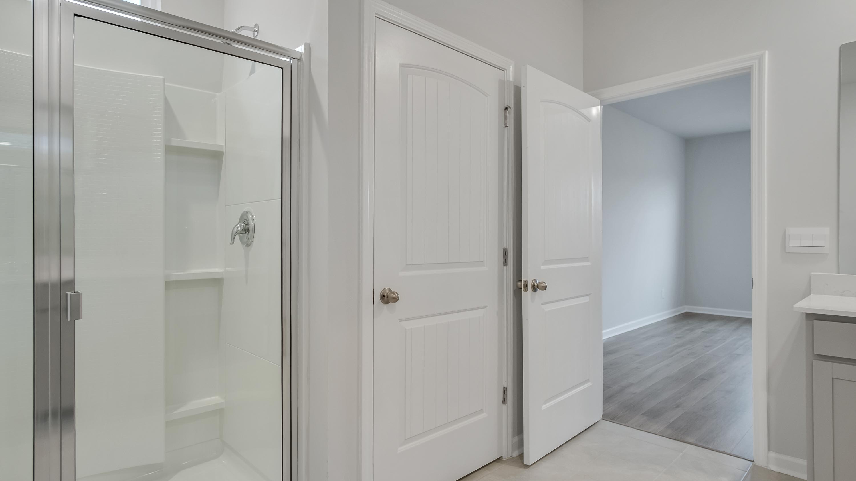 Master bath quartz countertops in modern, new home