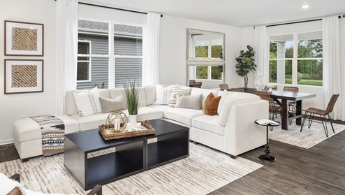 Living room with several windows for natural lighting.