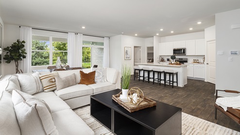 Bright living room with open view of kitchen.