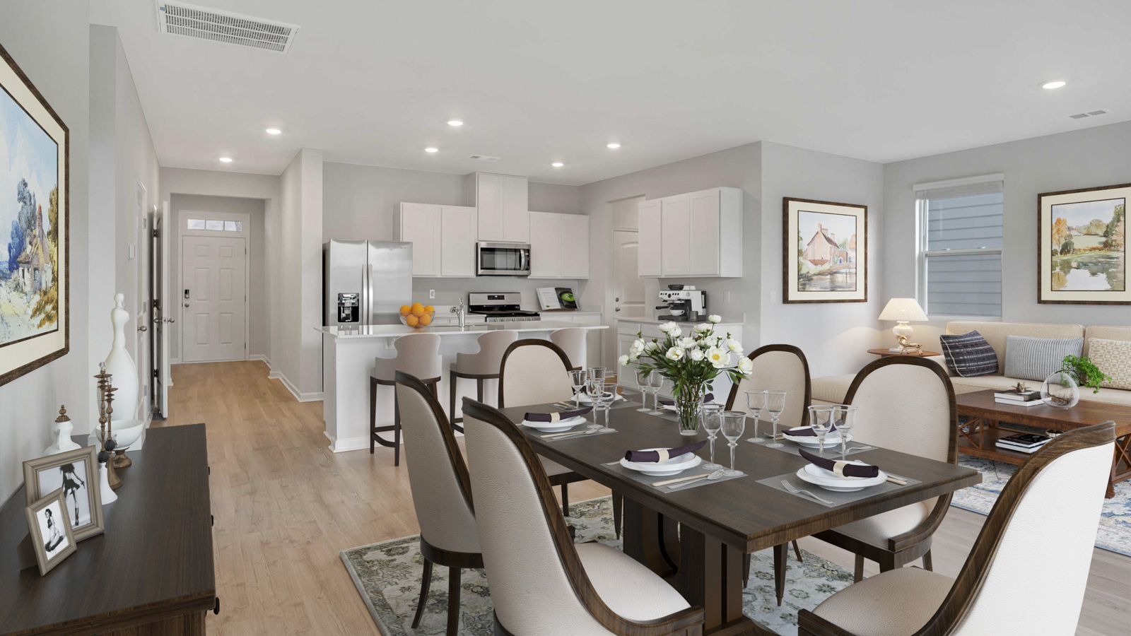 Modern dining room and kitchen with open views and quartz countertops
