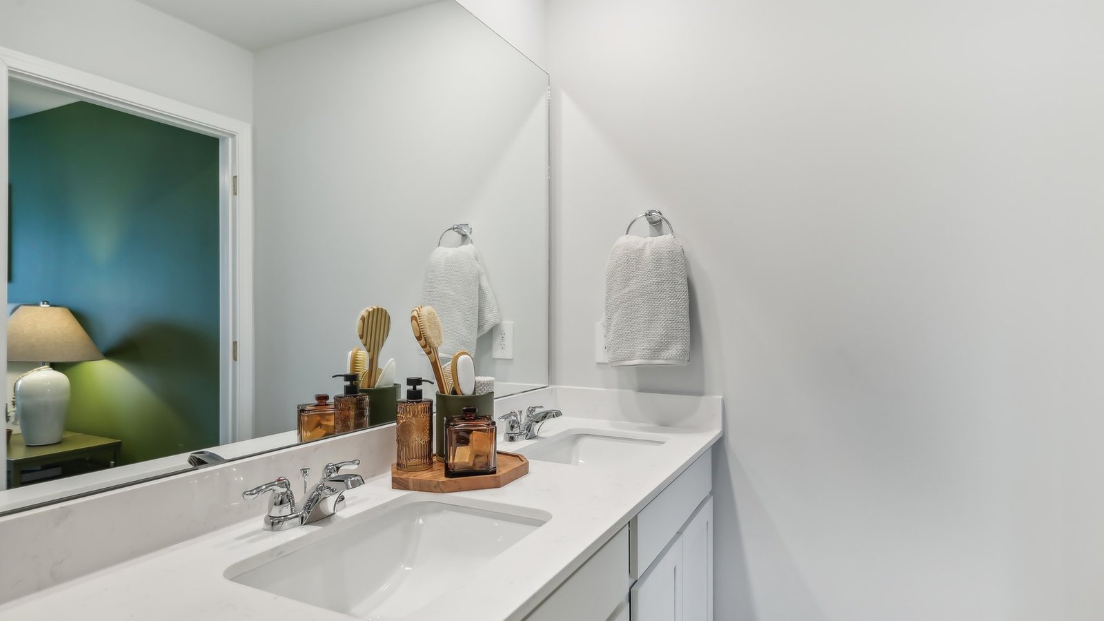 Bathroom with double vanity sink.