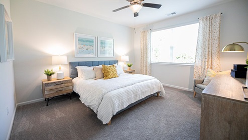 Master bedroom in modern, open concept new build home