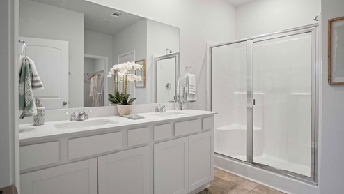 Bathroom with quartz countertops in new home