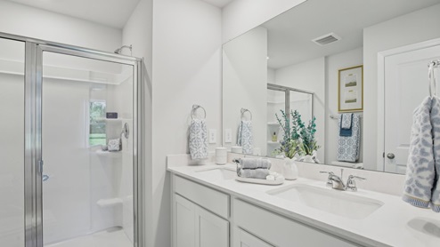 Primary bath quartz countertops in modern, new home
