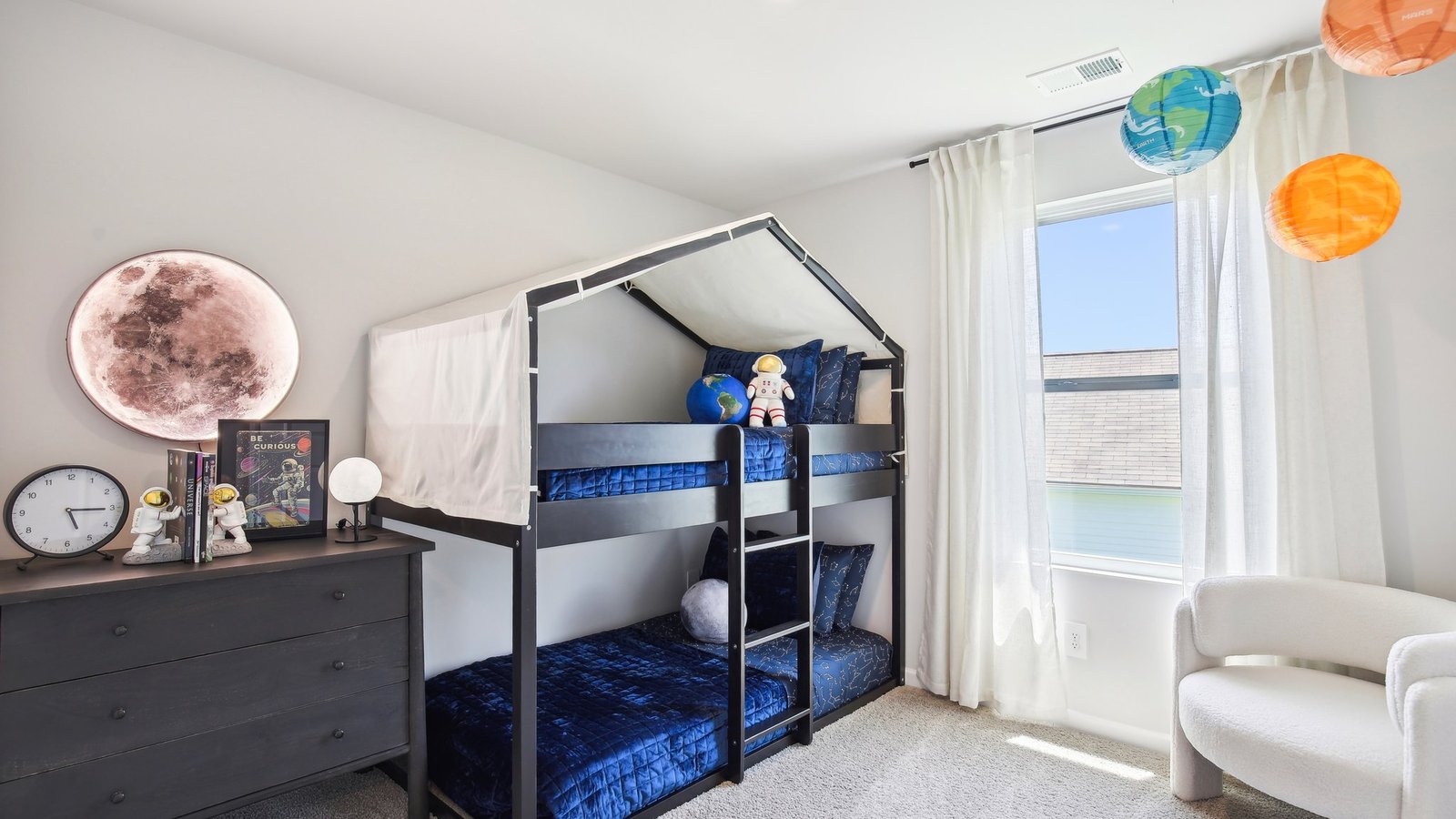 Bedroom in modern, open concept new home