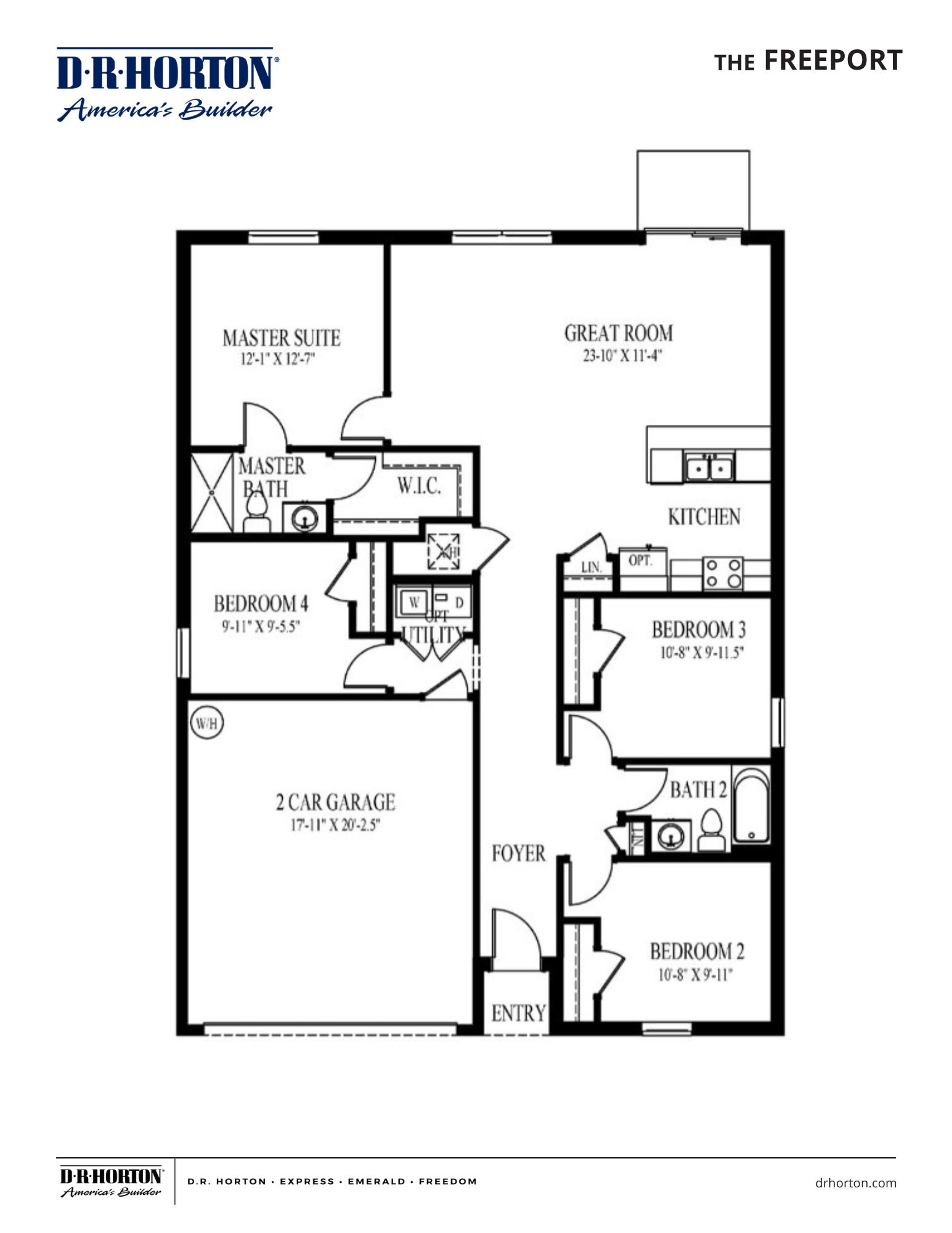 The freeport floorplan, a single story home with a two car garage, 4 bedrooms and 2 baths